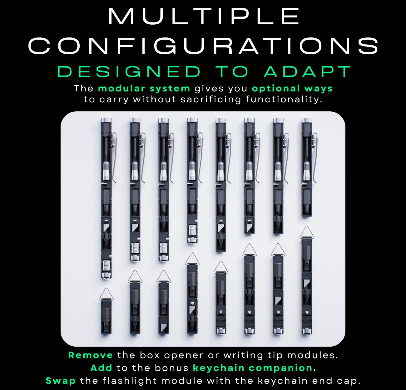 Set of modular components on a white background with text about adaptability and configurations.