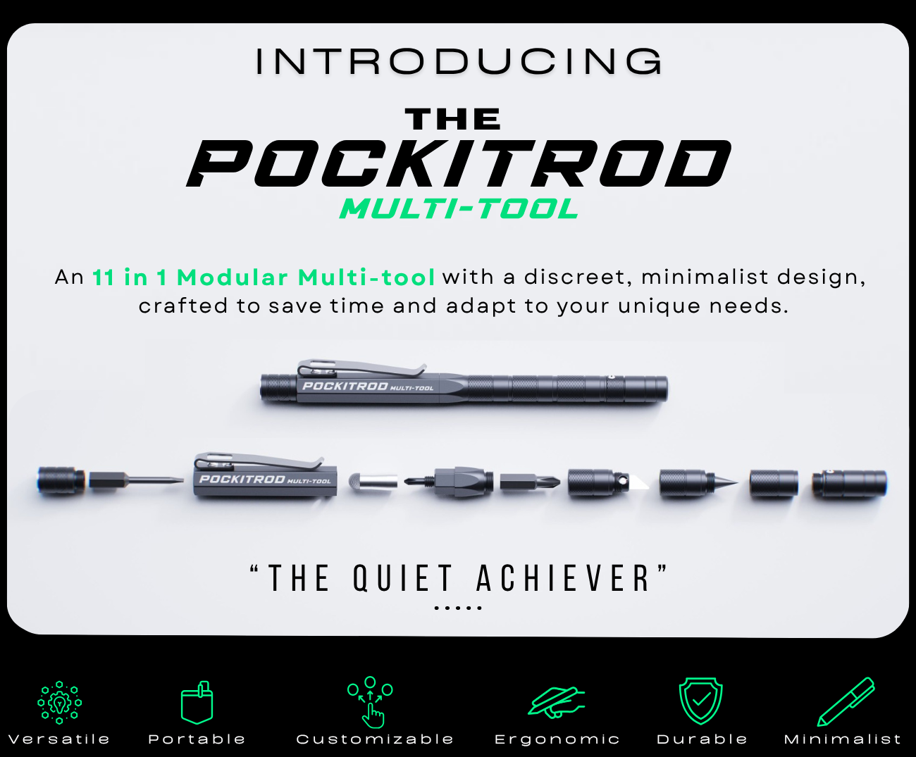 Pockitrod multi-tool with modular components on a white background