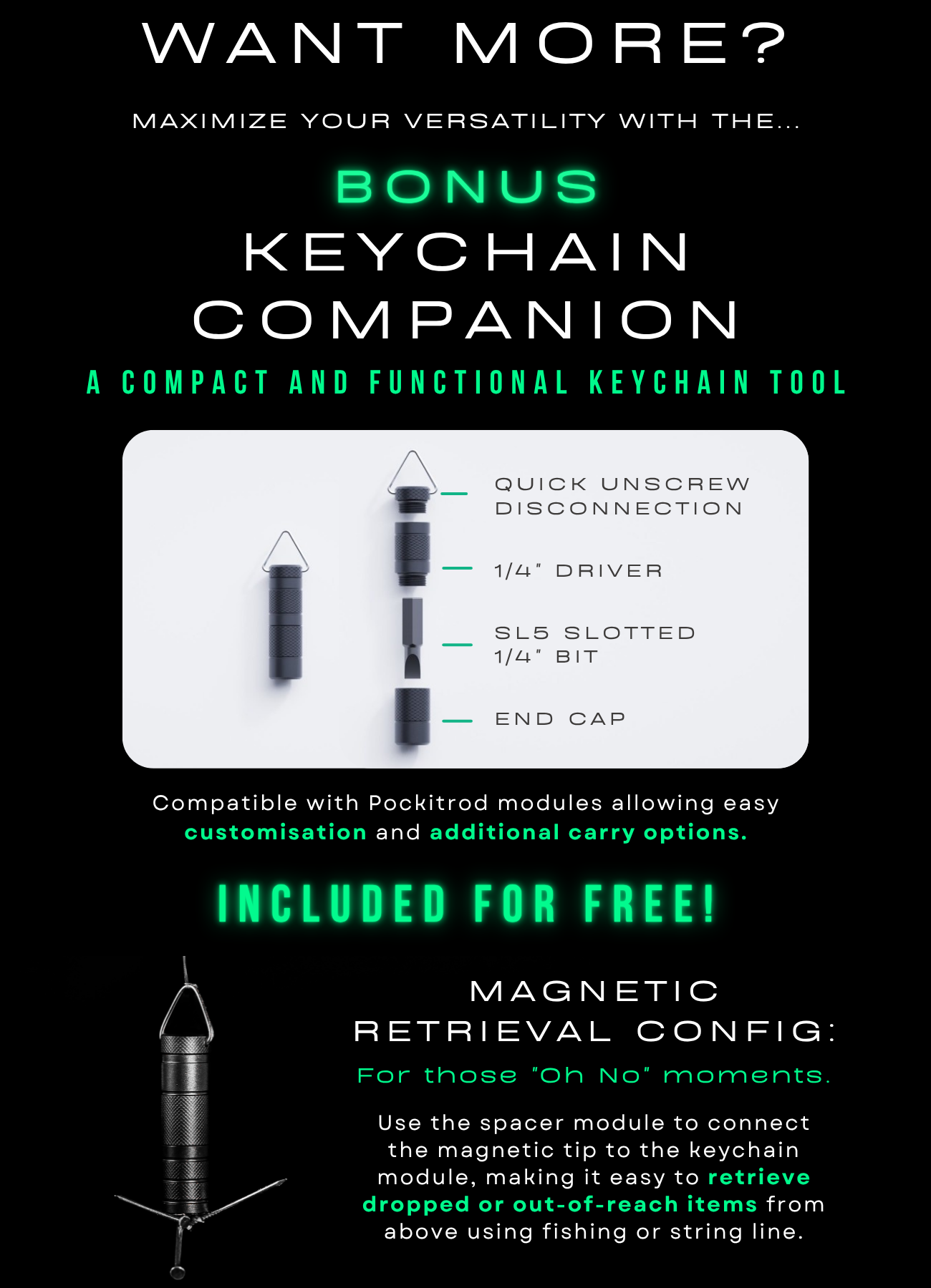 Advertisement for a bonus keychain tool with text and images on a black background