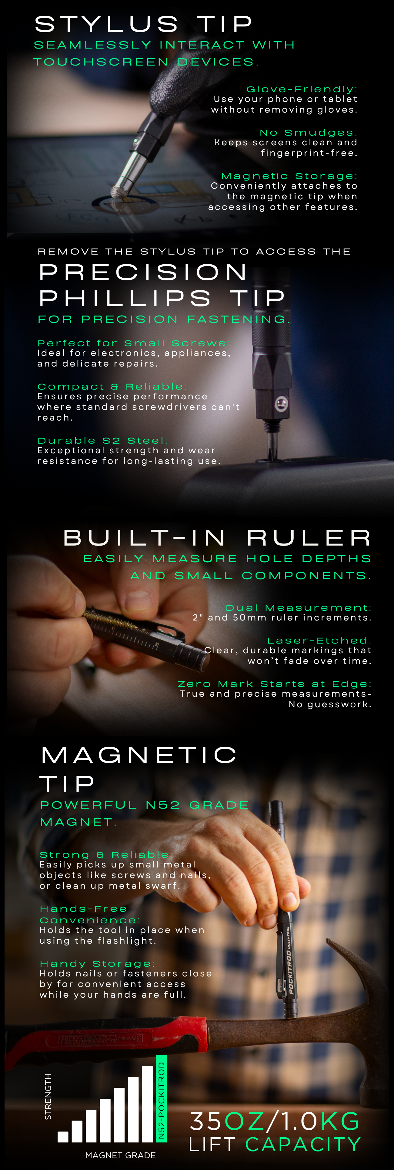 Feature focus on the Pockitrod's Stylus, ruler and magnetic tip.