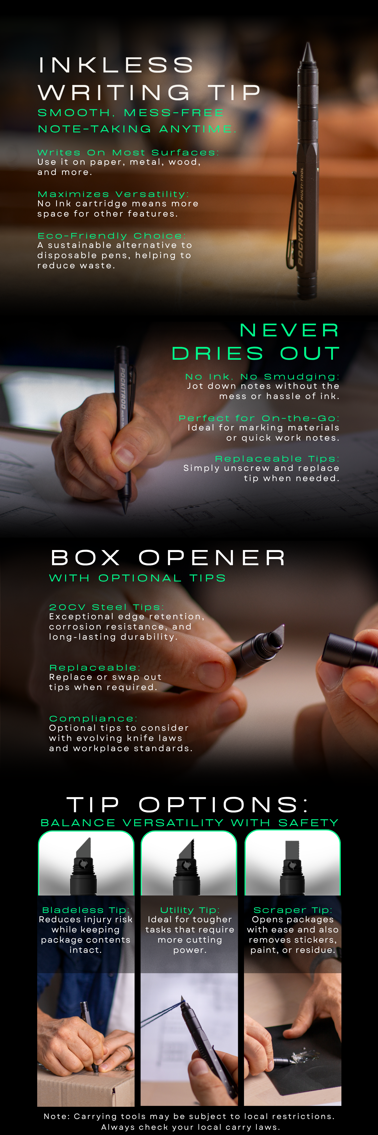 Feature Focus on the Pockitrod's writing tip and box opener.,