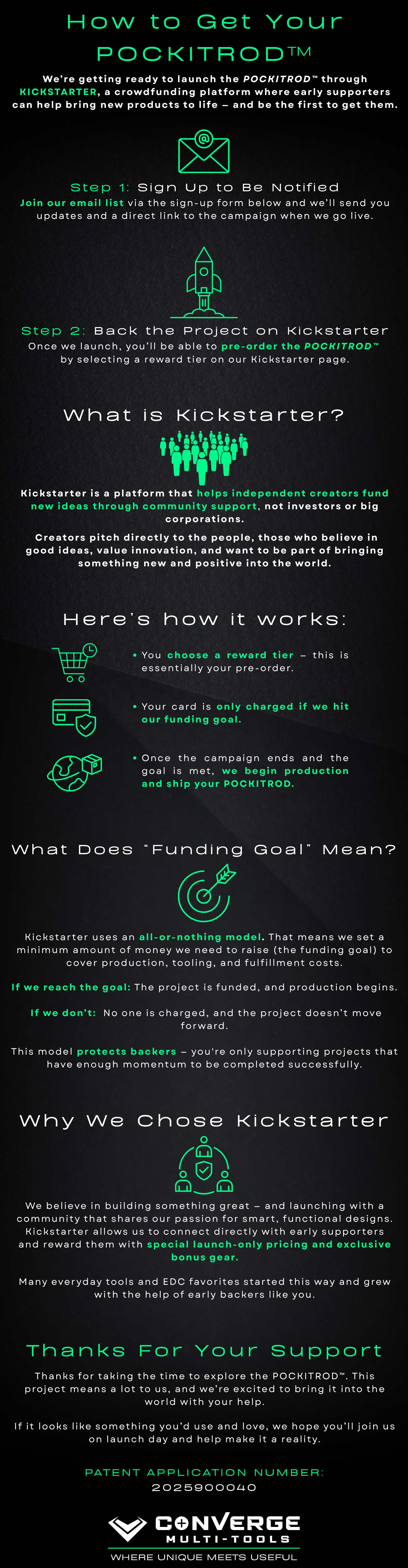 Instructions on how to get your product funded using Kickstarter, with a focus on green text on a black background.